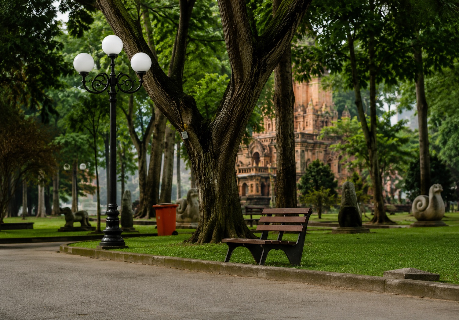 Bố trí đèn công viên theo nhịp đều dọc lối đi